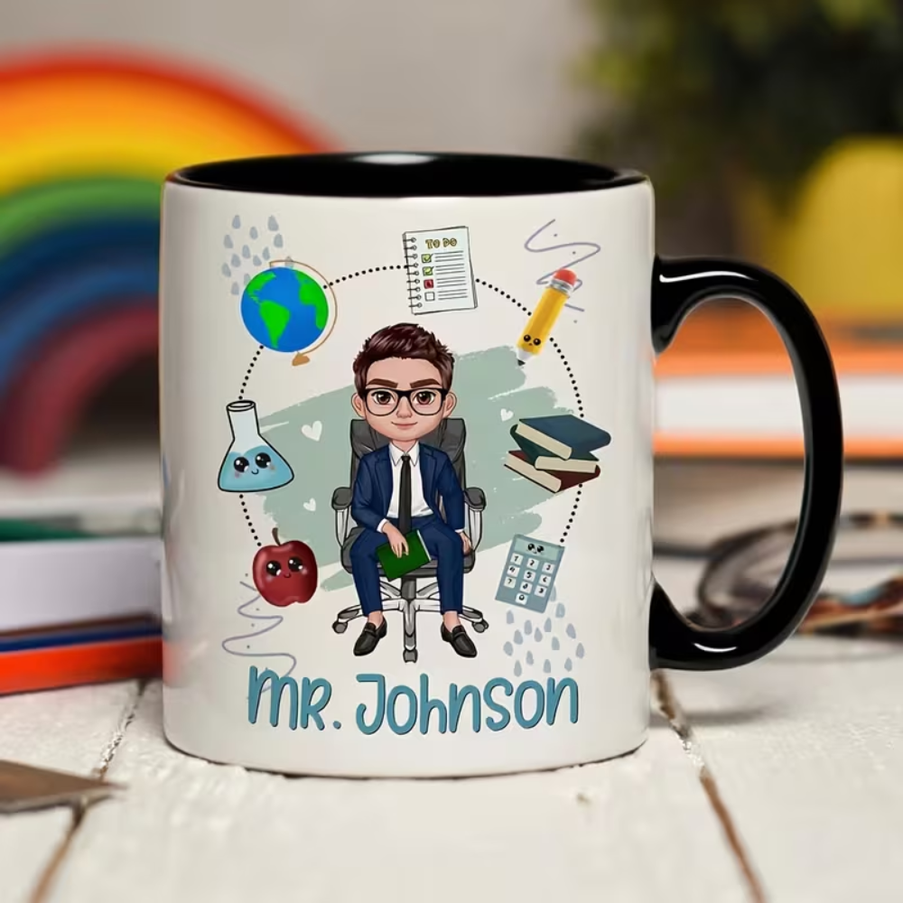 Personalized Teacher Mug - Custom Name Classroom Cup with Educational Theme Design