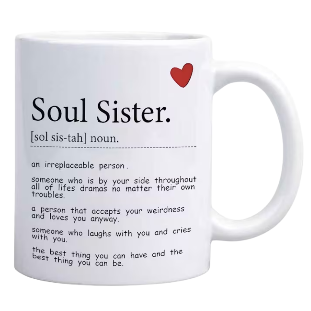 1pc Soul Sister Coffee Mug with Inspirational Quotes & Heart Design - Sister Gift for, Dishwasher 11oz Tea/Coffee Cup for Birthday