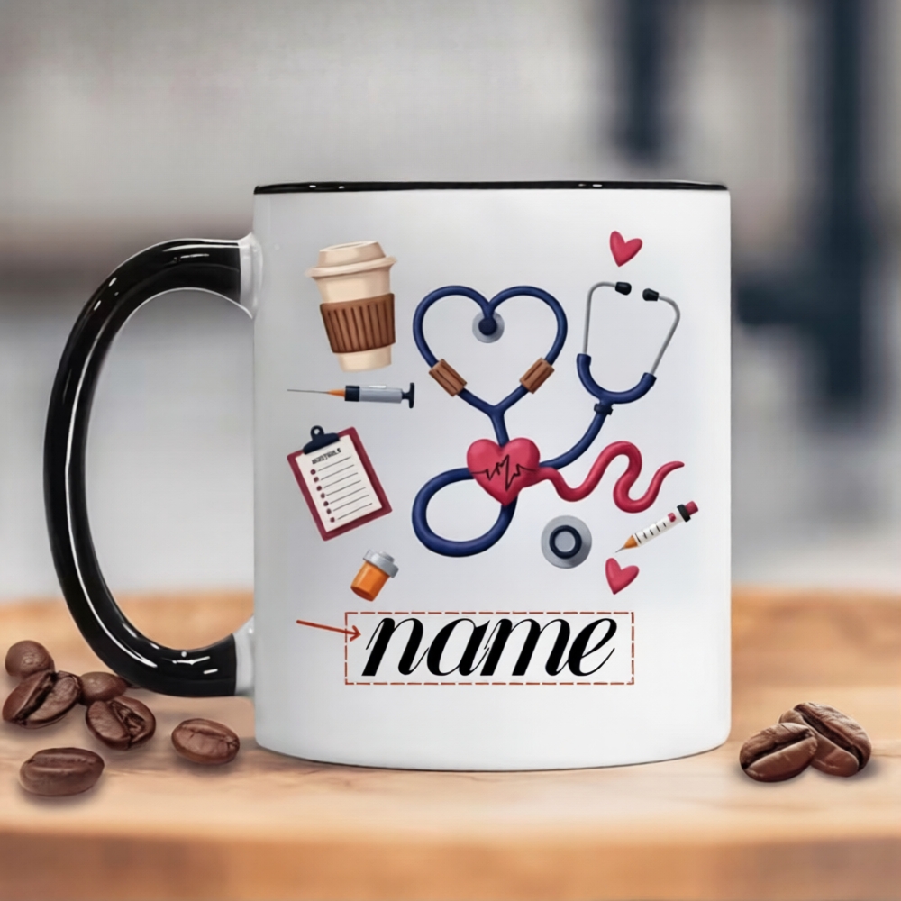 Custom Name Medical-Themed Coffee Cup Featuring a Stethoscope, Heart Design