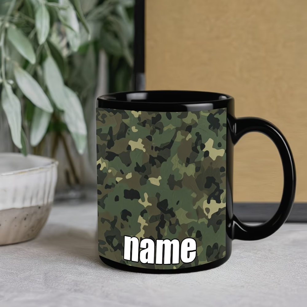 1pc, Customizable Camo Pattern Cute And Durable Black Mug, 11 Ounces Cartoon Anime