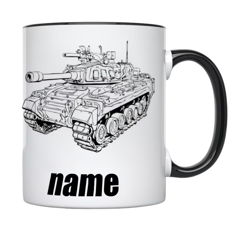 1 High-quality Mug Featuring a Sketch Outline of an Armored Tank Design, Customizable Text Ceramic Cup