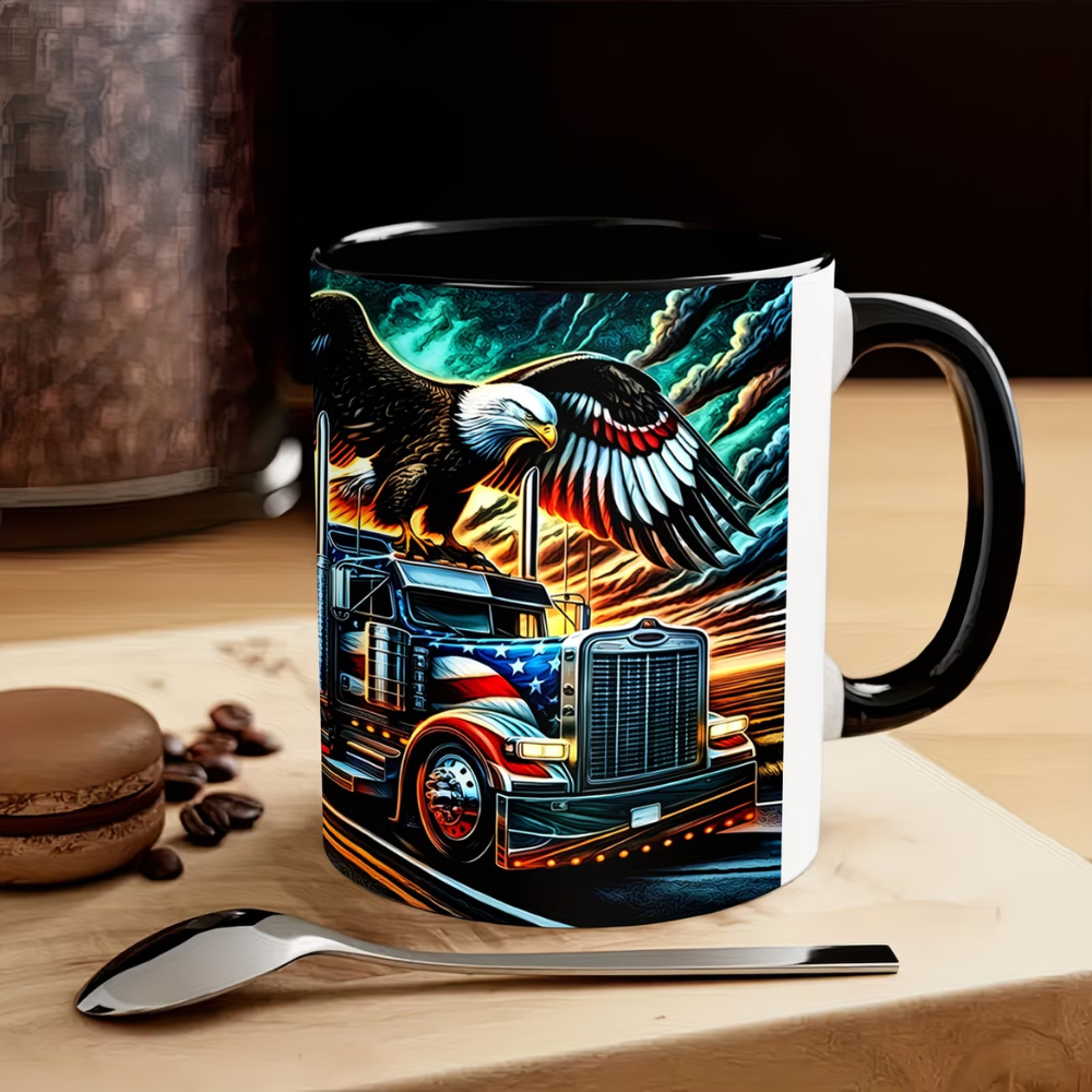 Ceramic Truck Coffee Mug with Eagle and American Flag Print