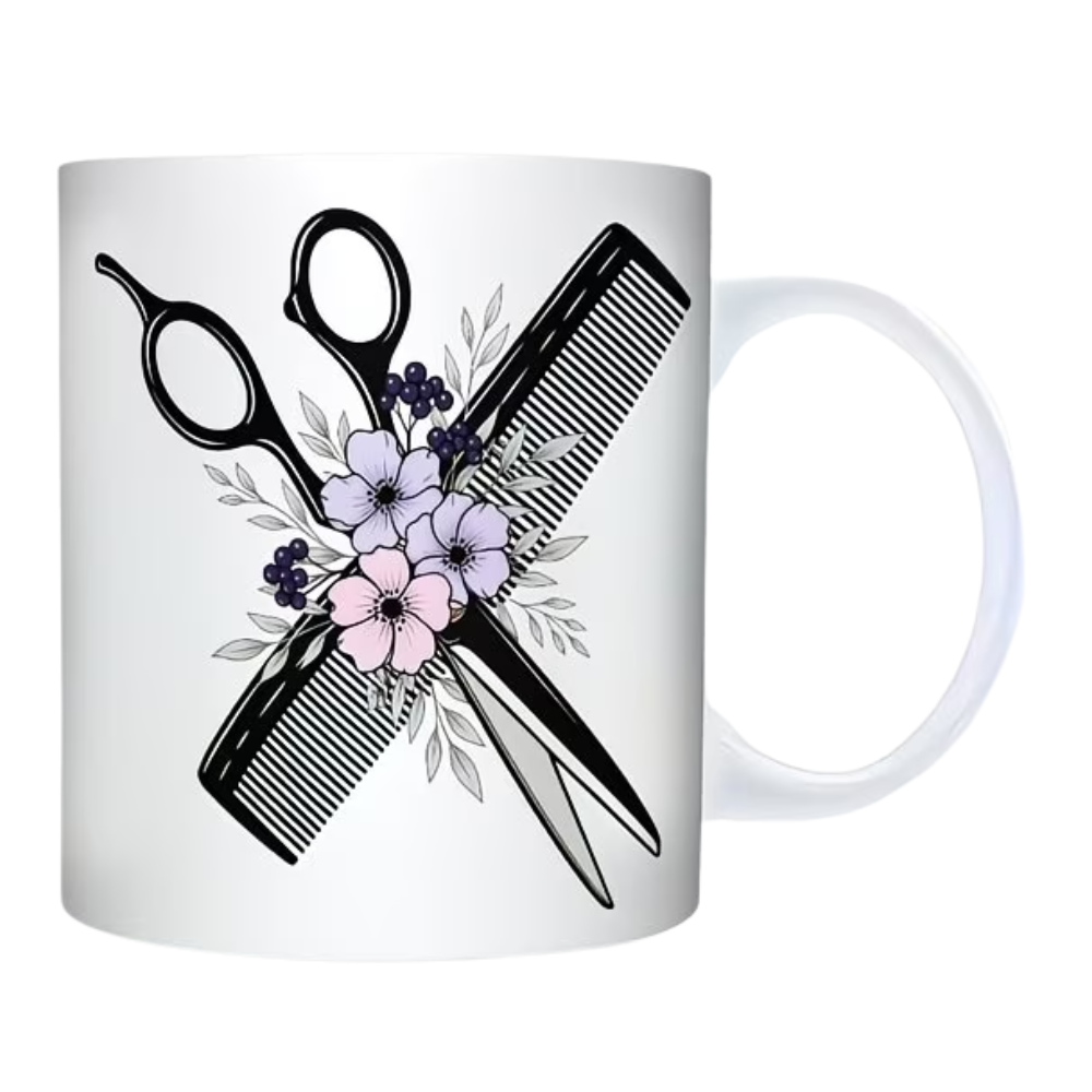 11oz Hairdresser Mug - Ceramic Coffee Cup with Hair Scissors, Comb & Barber Pole-like Floral Design (Pink/White), Black Interior & Handle