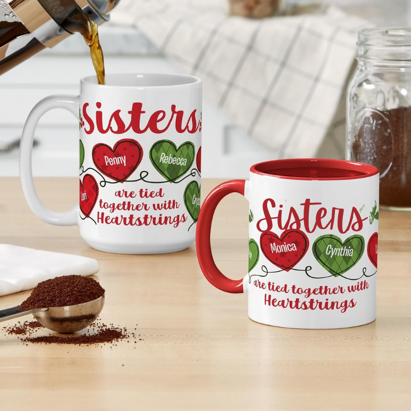 Personalized Sisters Names 15oz Ceramic Coffee Mug With Heartstring Design