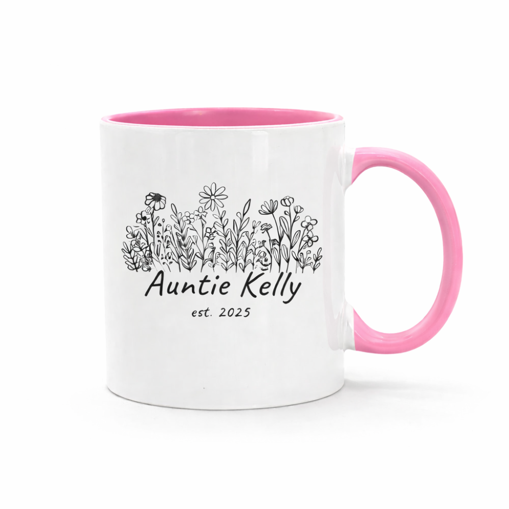 Custom Aunt Name Printed Coffee Mug With Floral Line Art Design