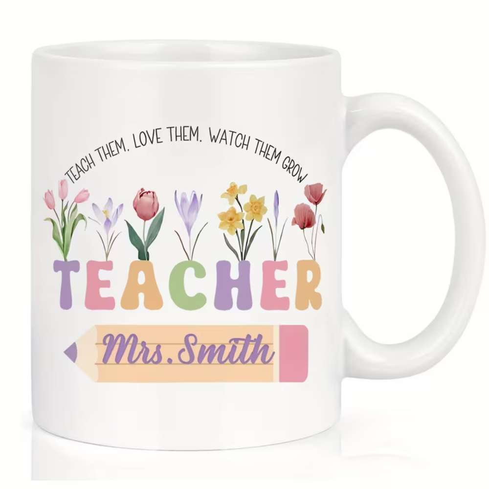 One Personalized Coffee Mug for Teachers Featuring a Custom Floral Design