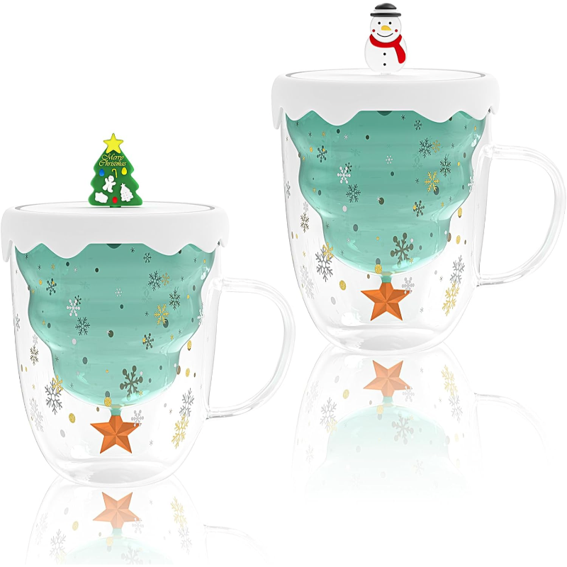 2 Pack Of Double Walled Glass Christmas Themed Mugs With Lid 