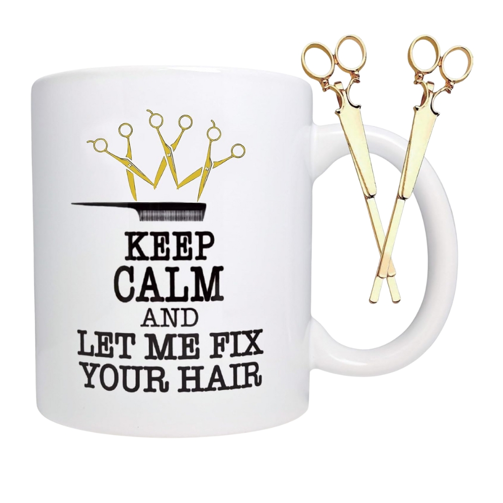 Hairstylist Coffee Mug 11oz Ceramic, Golden Scissor Hair Clips, Gift for Hair Stylist 
