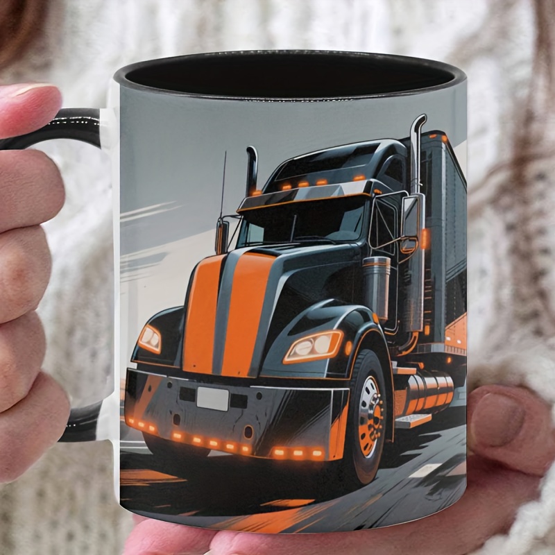 Themed Ceramic Mug With Black Handle Vibrant Semi Truck Design, Durable Ceramic Coffee Cup For Office