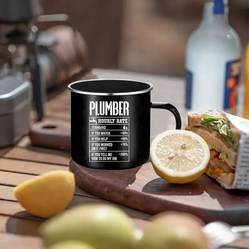 12oz Black Enamel Plumbers Coffee Mug With Funny Hourly Rate Design