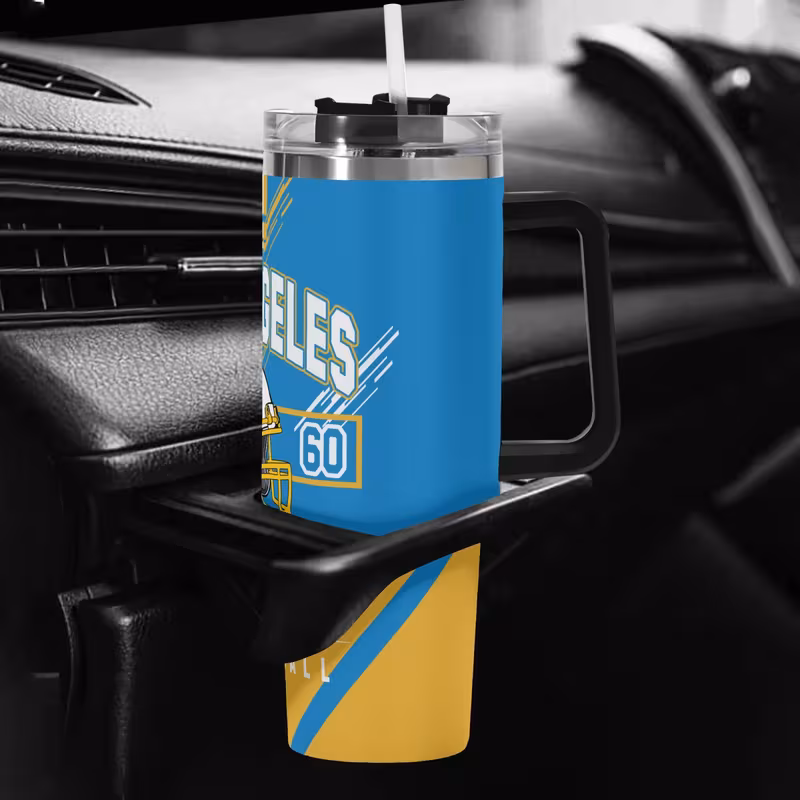 los angeles football 40oz stainless steel tumbler with personalized name travel cup with handle straw water iced tea coffee smoothies ideal gift for fans hot or cold beverages customizable drinkware durable drinkware 4