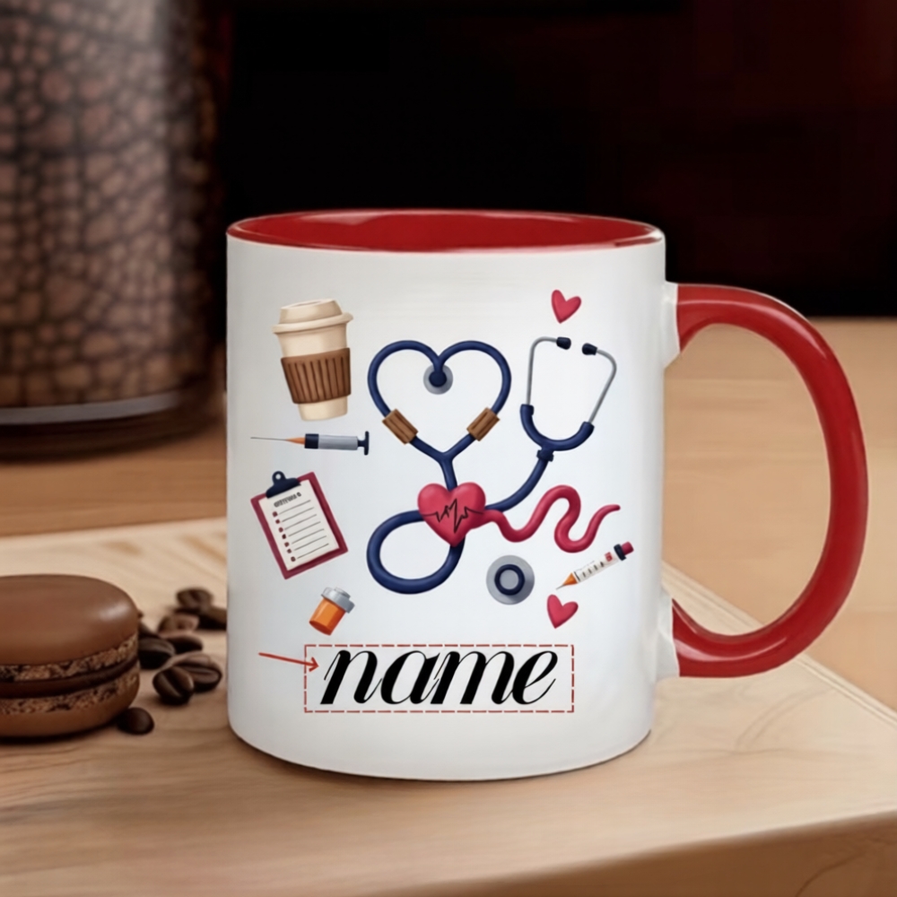 Custom Name Medical-Themed Coffee Cup Featuring a Stethoscope, Heart Design