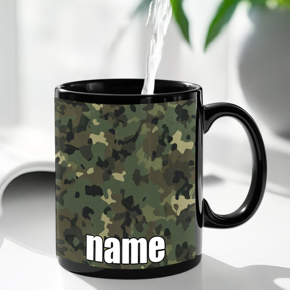 1pc, Customizable Camo Pattern Cute And Durable Black Mug, 11 Ounces Cartoon Anime