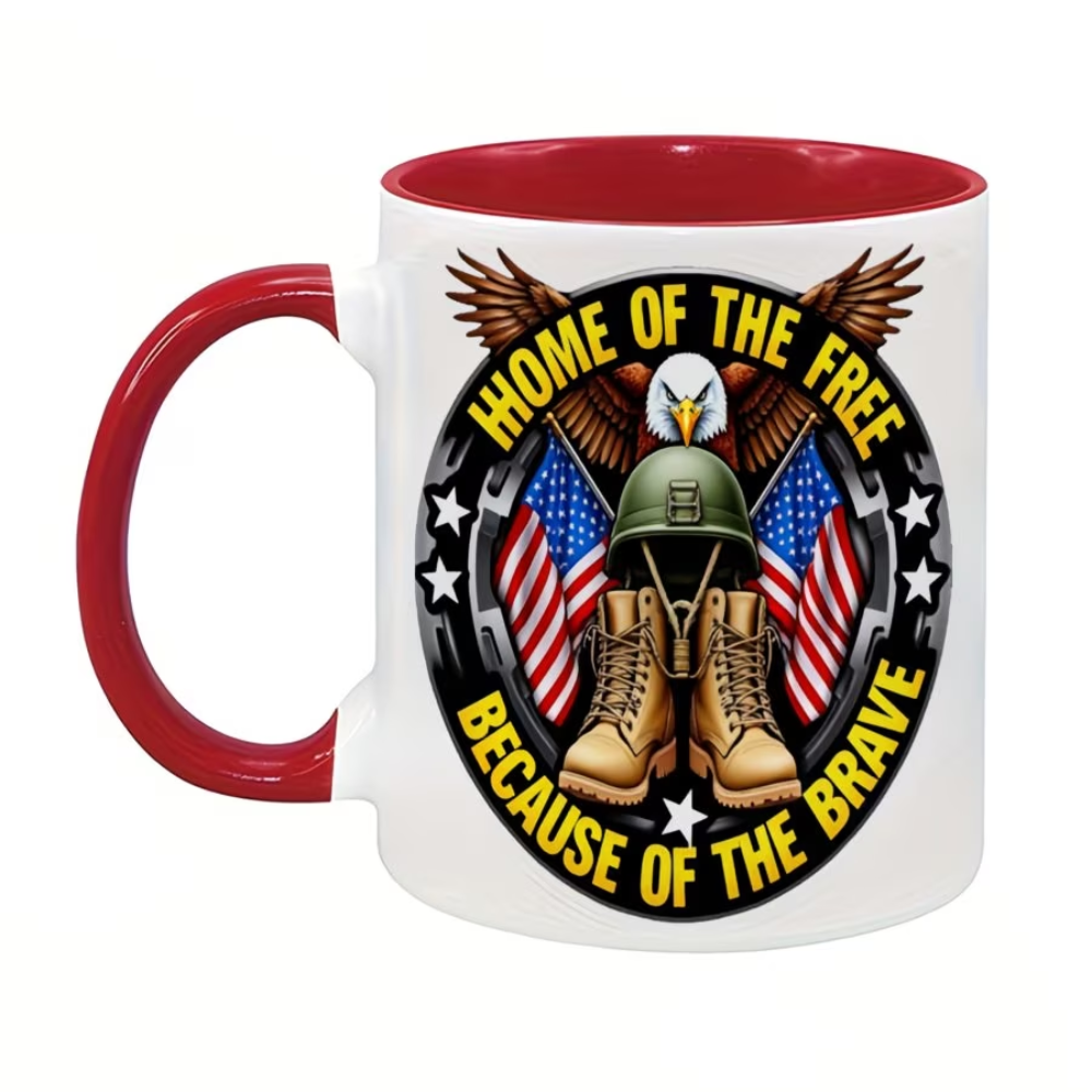 1pc 11oz Ceramic Coffee Mug "HOME OF THE FREE BECAUSE OF THE BRAVE" Military & Patriotic Design Insulated Reusable