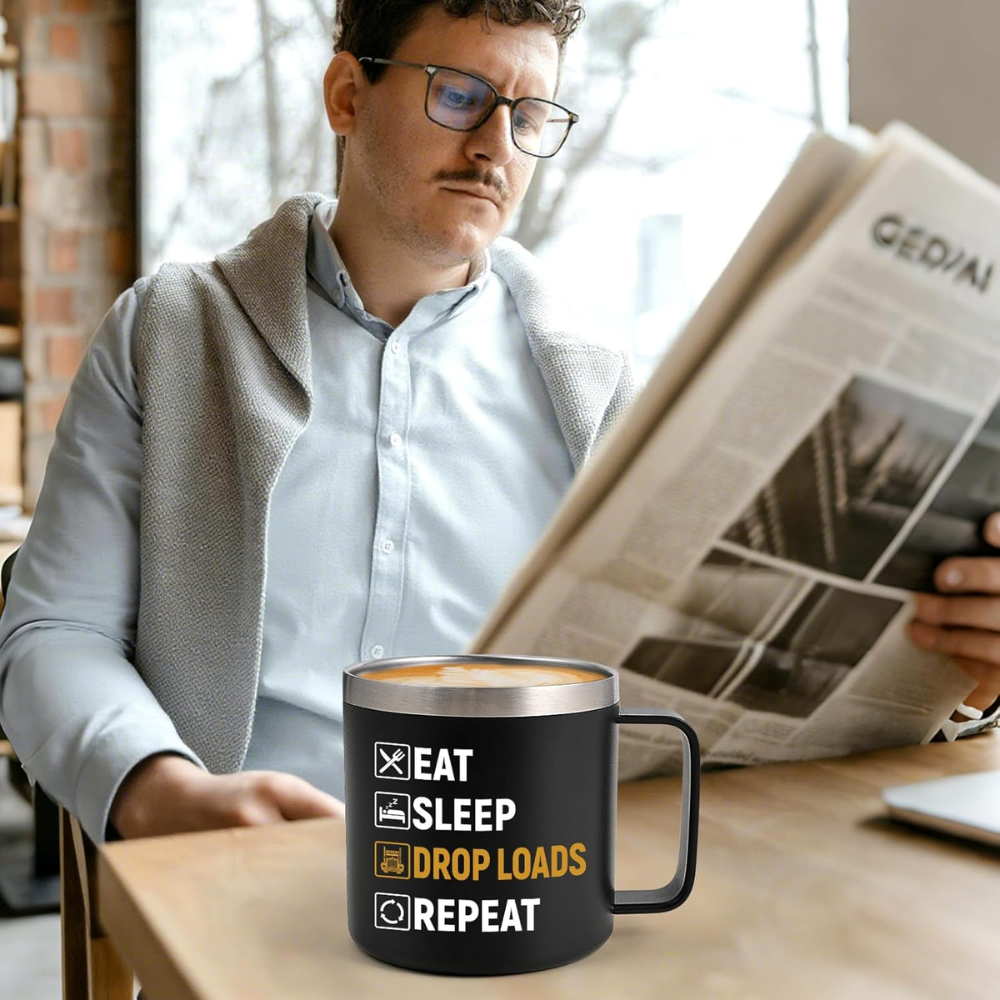 14oz Insulated Truck Driver Coffee Mug with Eat Sleep Drop Loads Repeat Text