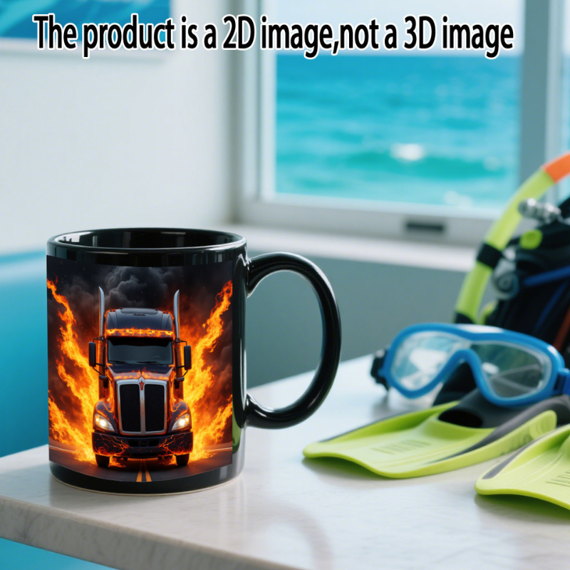1pc Flame Truck Mug 11oz Heavy Duty Black Ceramic Coffee Cup with Fire Truck
