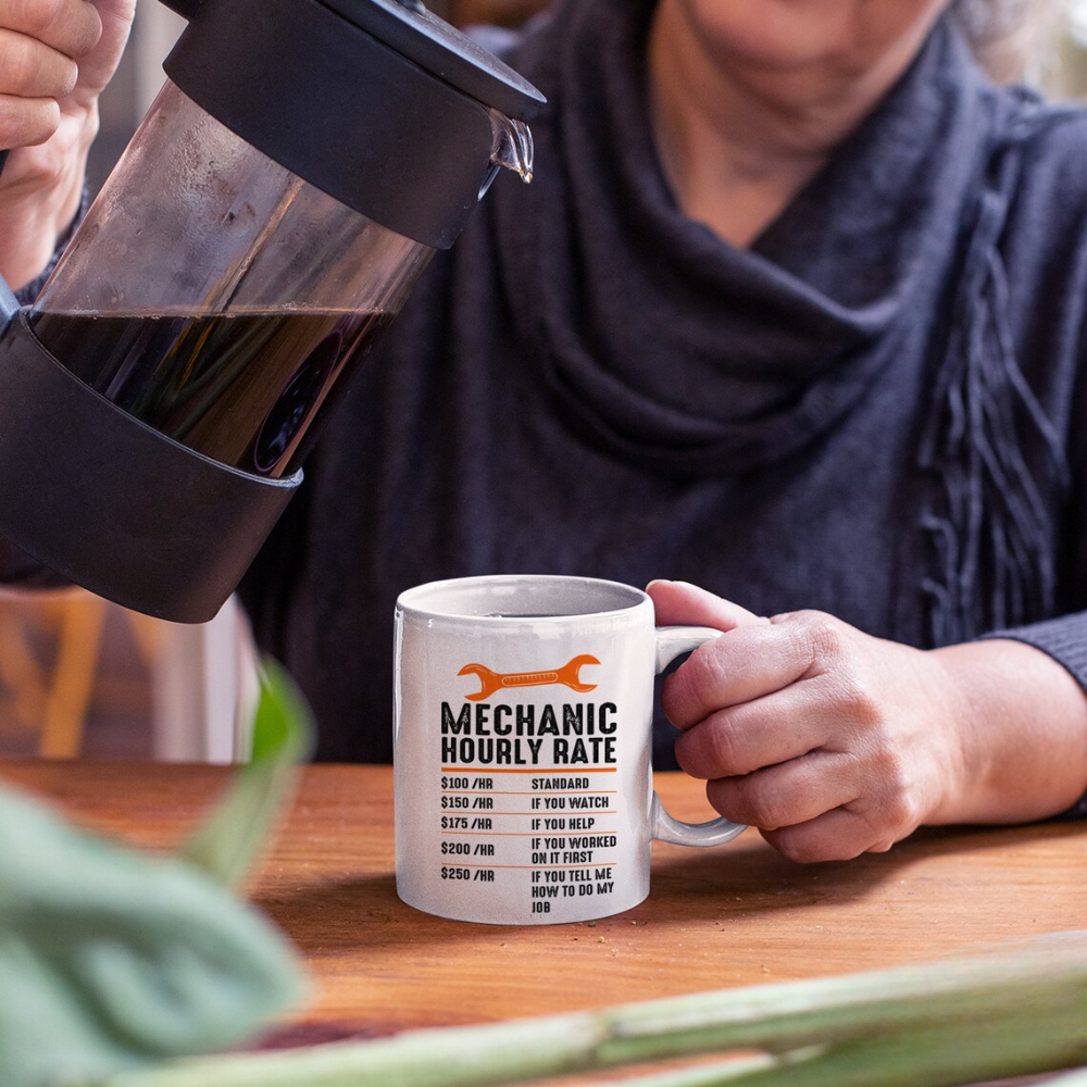 Funny Mechanic Hourly Rate Mug: Auto Garage Gift