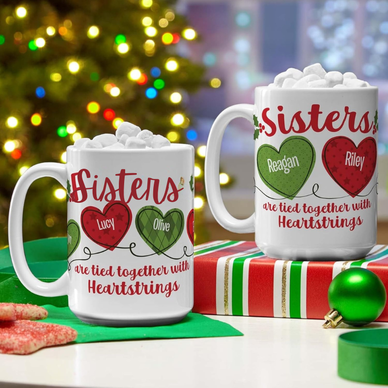 Personalized Sisters Names 15oz Ceramic Coffee Mug With Heartstring Design