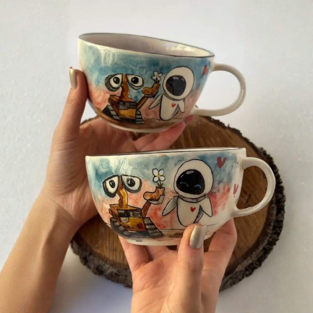 3D Robot Character Couple Mug Set Handmade Ceramic Cups