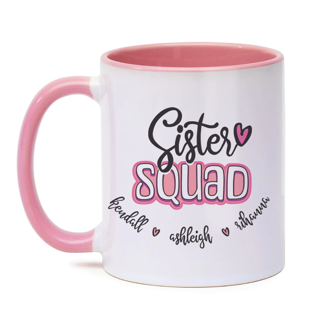Sister Squad 11 oz Personalized White Mug with Pink Rim and Handle