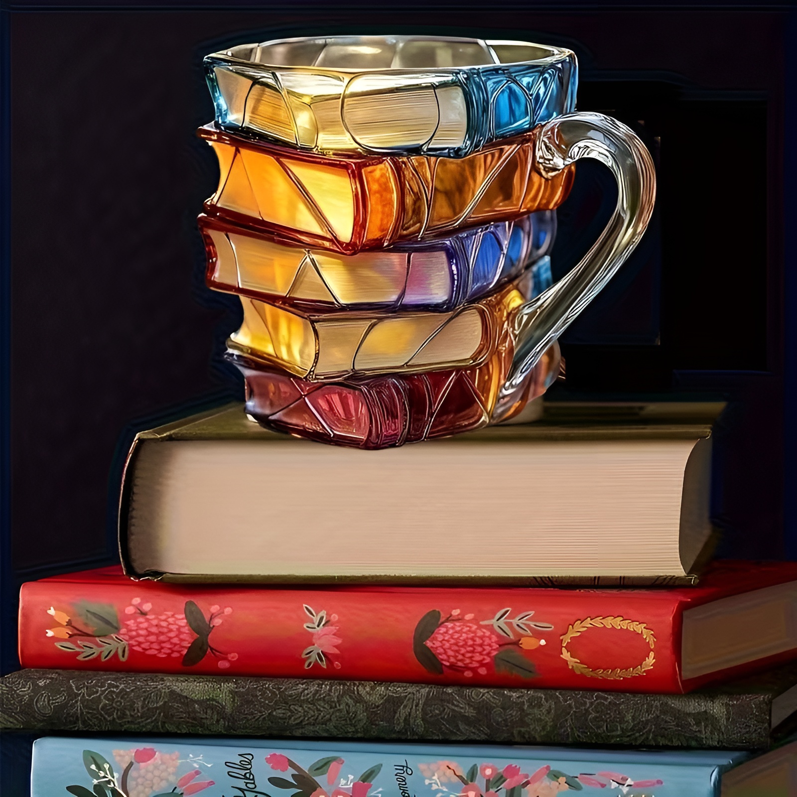 3D Painted Stack Book Glass Design Coffee Mug For Readers