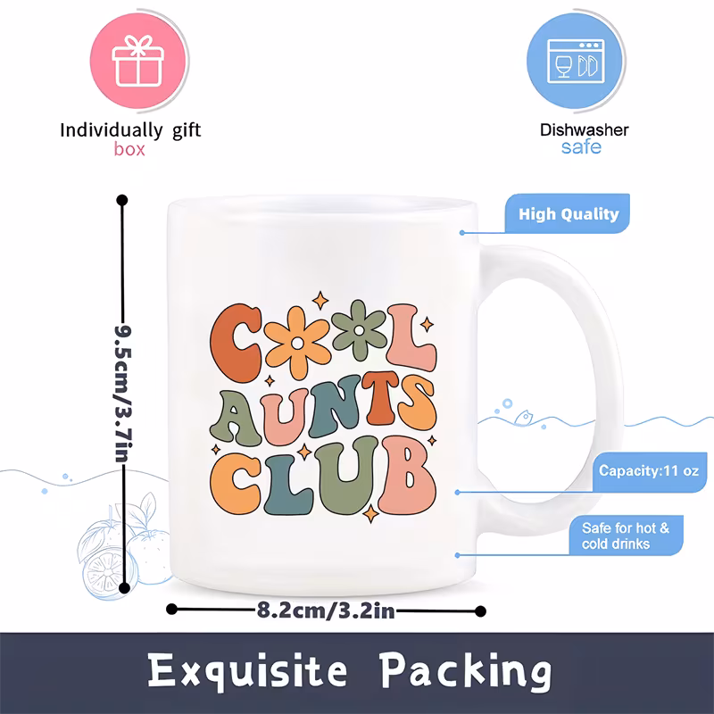  club ceramic coffee mug 11oz reusable machine washable aunt themed gift with colorful club lettering stars ideal for nieces aunts mothers day birthdays pregnancy durable mug for hot cold drinks 4