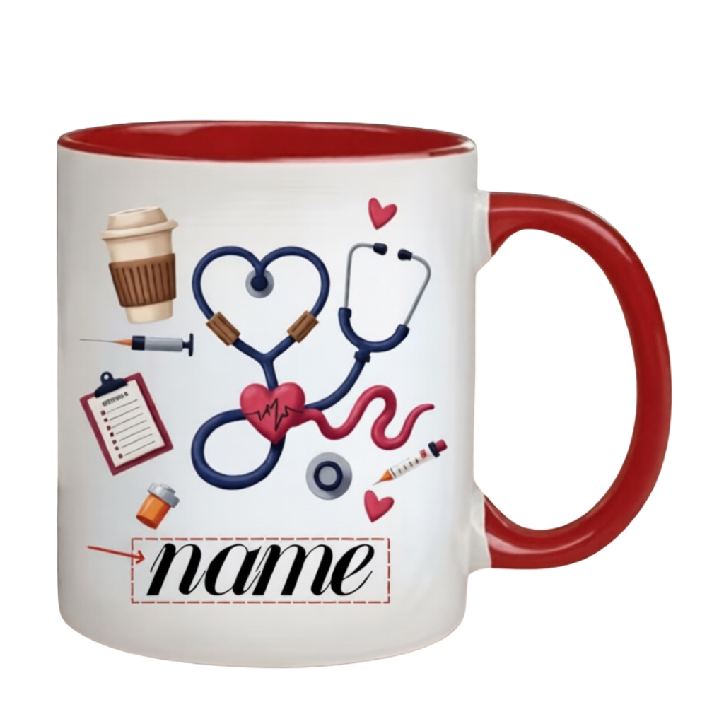 Custom Name Medical-Themed Coffee Cup Featuring a Stethoscope, Heart Design