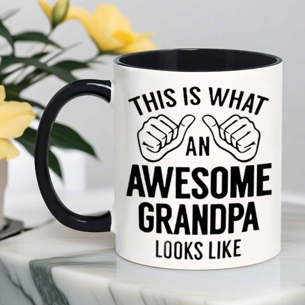 "This Is What an Awesome Grandpa Looks Like" Ceramic Coffee Mug - 11oz, Black & White, Funny Thumbs-Up Design