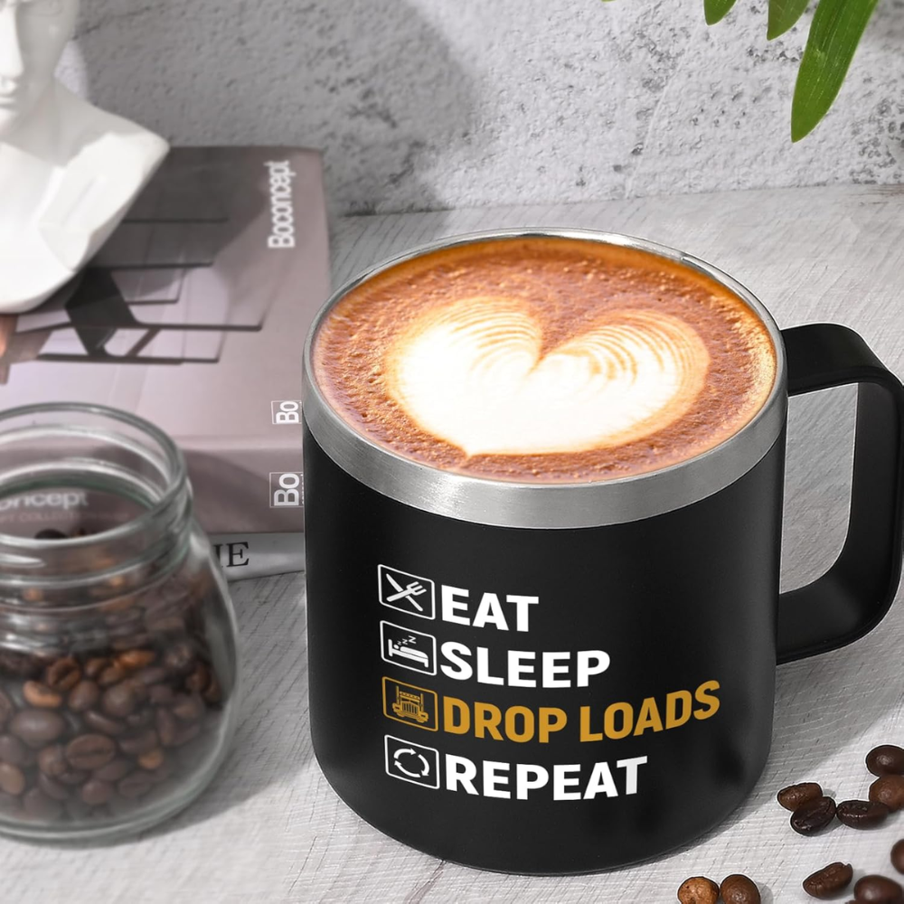 14oz Insulated Truck Driver Coffee Mug with Eat Sleep Drop Loads Repeat Text