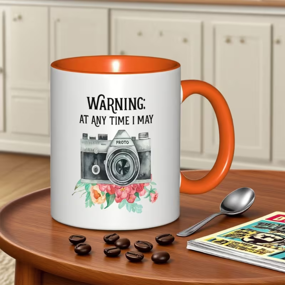 photography Mug with "WARNING: At Any Time I May Be Photographed"