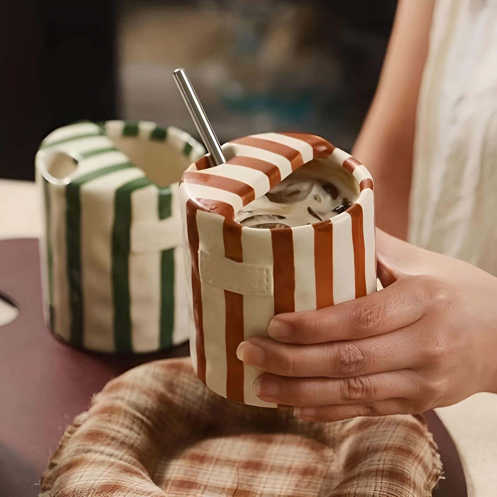 Retro Striped Design Ceramic Mug For Valentines Day Gift