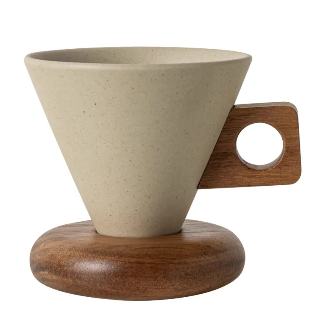 Cone-Shaped Coffee Mug with Wood Handle – Ceramic Aesthetic Cup for Home Cafe, 250ml