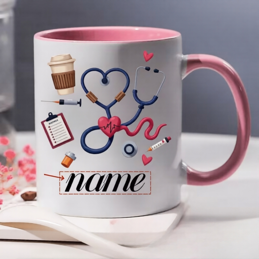Custom Name Medical-Themed Coffee Cup Featuring a Stethoscope, Heart Design