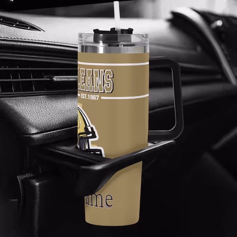 customizable new orleans football 40oz stainless steel tumbler with lid straw personalized name vacuum insulated reusable travel mug for coffee perfect gift for fans car cup holder home or area hand wash coffee mug decor stainless steel tumble 4