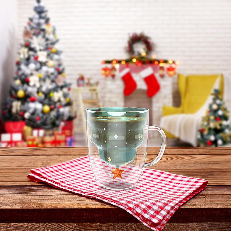 2 Pack Of Double Walled Glass Christmas Themed Mugs With Lid 