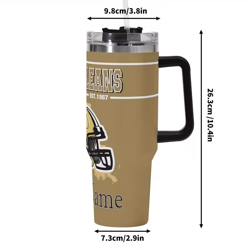 customizable new orleans football 40oz stainless steel tumbler with lid straw personalized name vacuum insulated reusable travel mug for coffee perfect gift for fans car cup holder home or area hand wash coffee mug decor stainless steel tumble 5