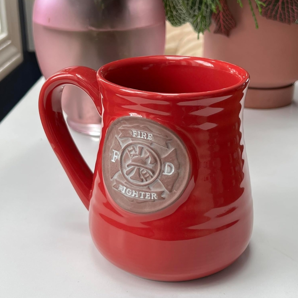 Gift Firefighter Pottery Mug Red Brown, 4.8 Inches