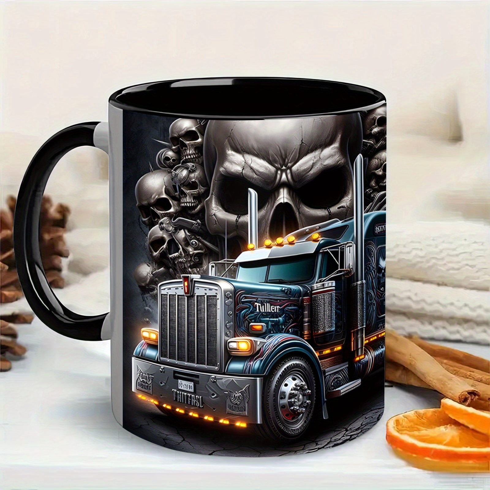 Coffee Mug Skull and Semi Truck Print Design Funny Dad Mug Fathers Day Gift