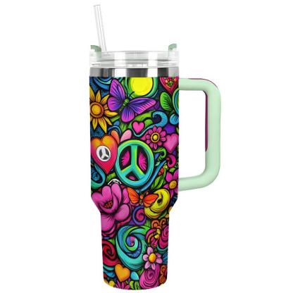 40Oz Floral Patterned Insulated Tumbler With Handle And Straw - Mineral Mug