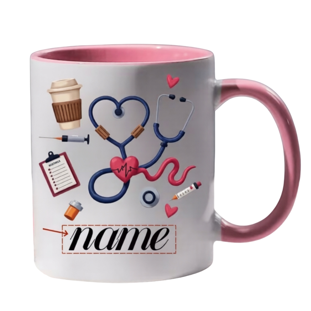 Custom Name Medical-Themed Coffee Cup Featuring a Stethoscope, Heart Design