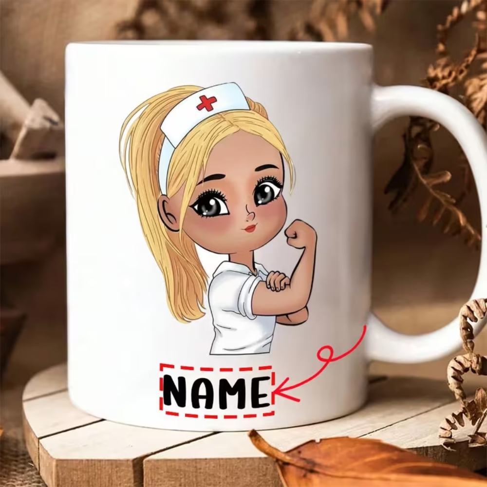 Custom Name Ceramic Coffee Cup with Cute Nurse Design, 7 Color