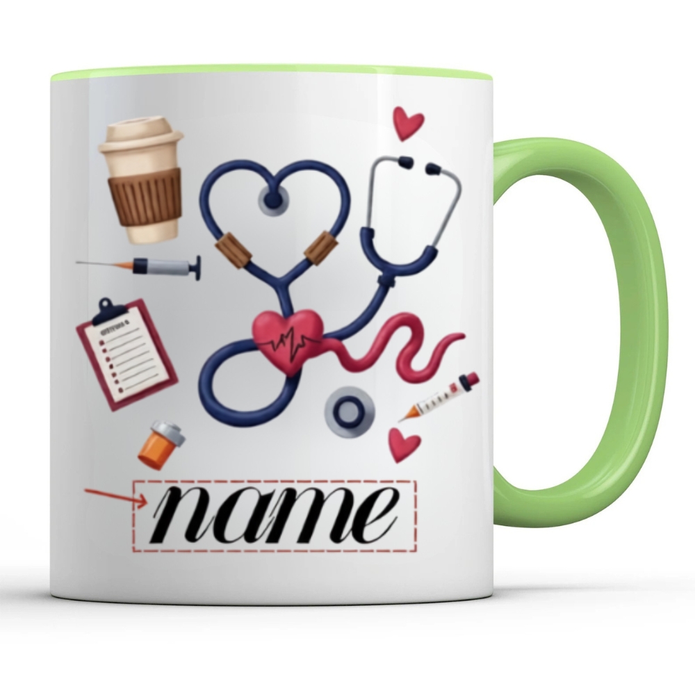 Custom Name Medical-Themed Coffee Cup Featuring a Stethoscope, Heart Design