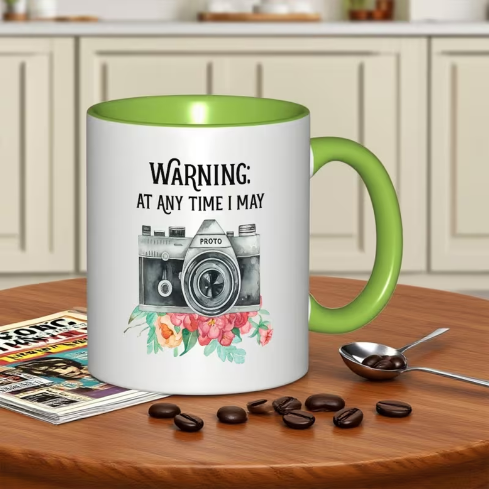 photography Mug with "WARNING: At Any Time I May Be Photographed"