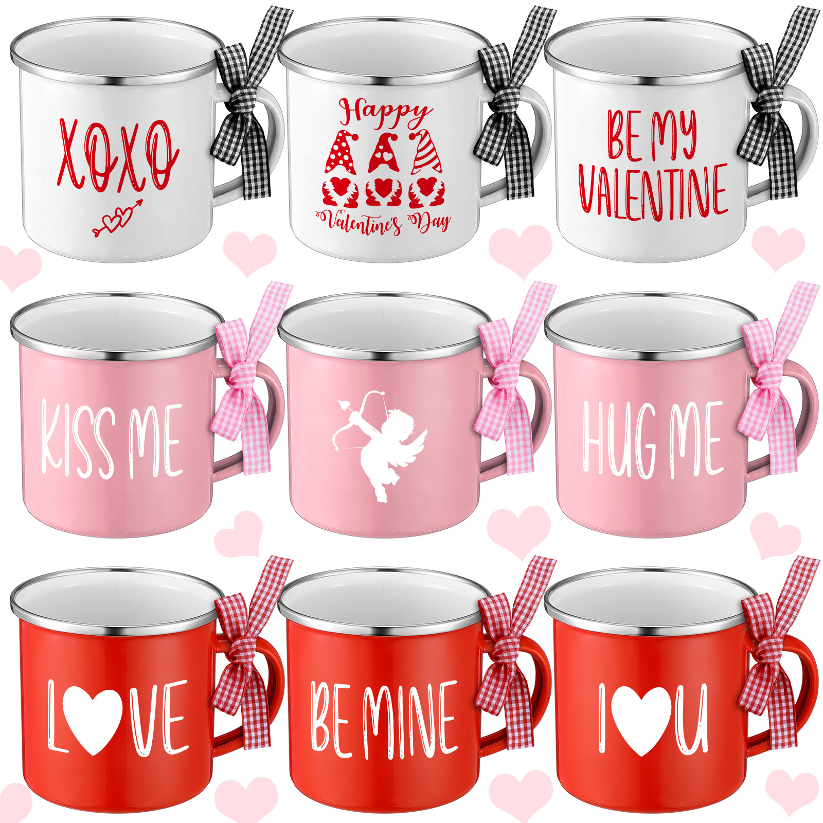 9 Piece Of Valentine Mini Ceramic Coffee Mugs With Ribbon Set
