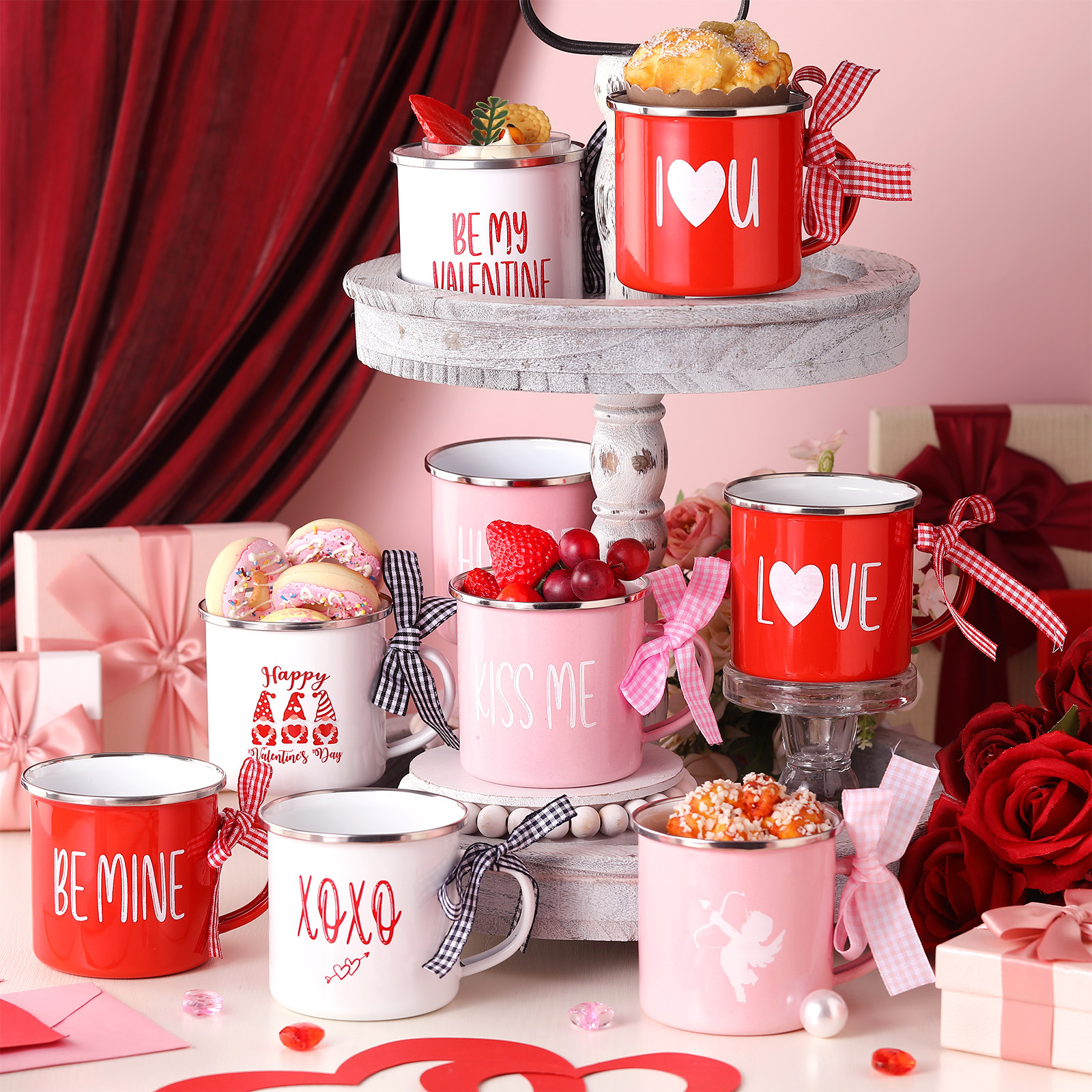 9 Piece Of Valentine Mini Ceramic Coffee Mugs With Ribbon Set