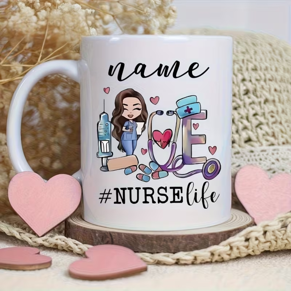 Nurse Ceramic Coffee Mug - Custom Name & #NurseLife Design with Medical Icons