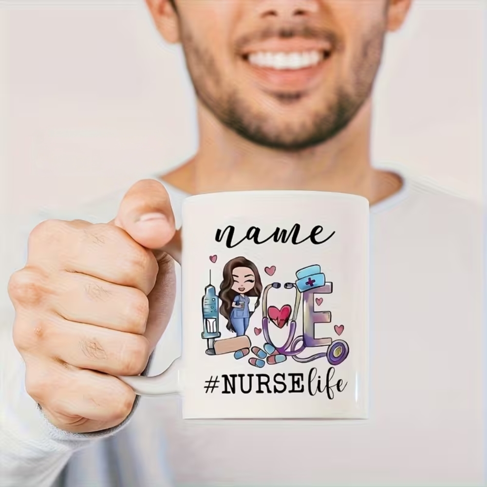 Nurse Ceramic Coffee Mug - Custom Name & #NurseLife Design with Medical Icons