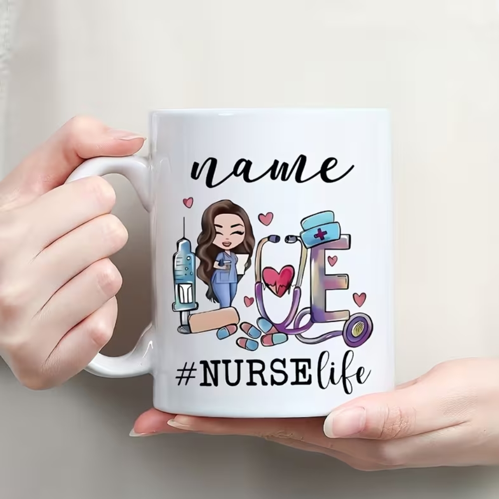 Nurse Ceramic Coffee Mug - Custom Name & #NurseLife Design with Medical Icons