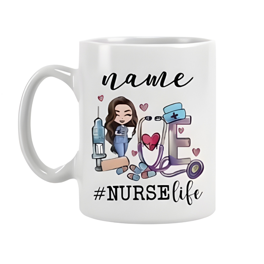 Nurse Ceramic Coffee Mug - Custom Name & #NurseLife Design with Medical Icons