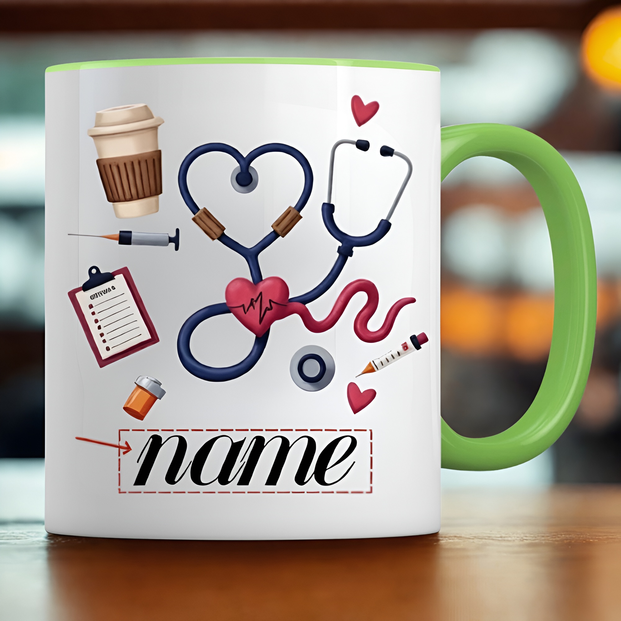 Custom Name Medical-Themed Coffee Cup Featuring a Stethoscope, Heart Design